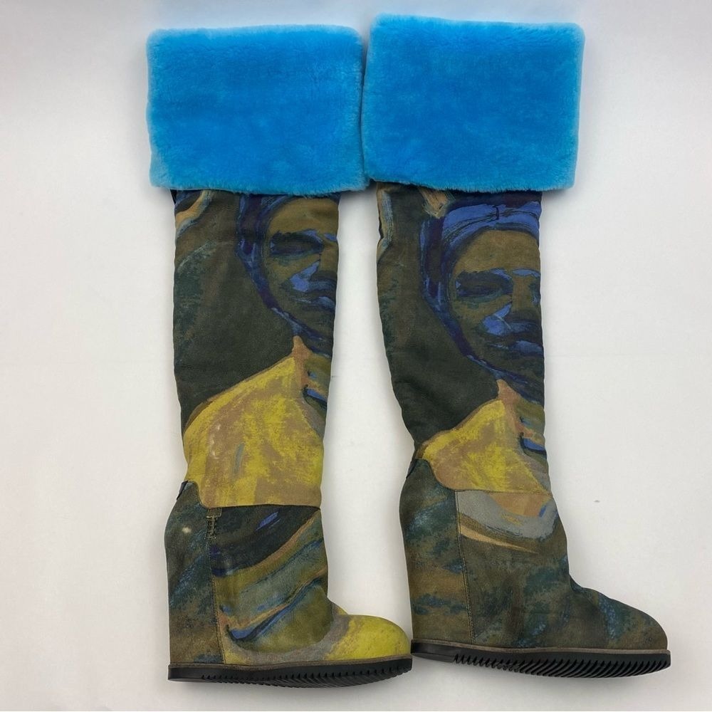 UGG x Tschabalala Self Over-the-Knee Suede Wedge Boots Blue Yellow Portrait - Picture 4 of 15